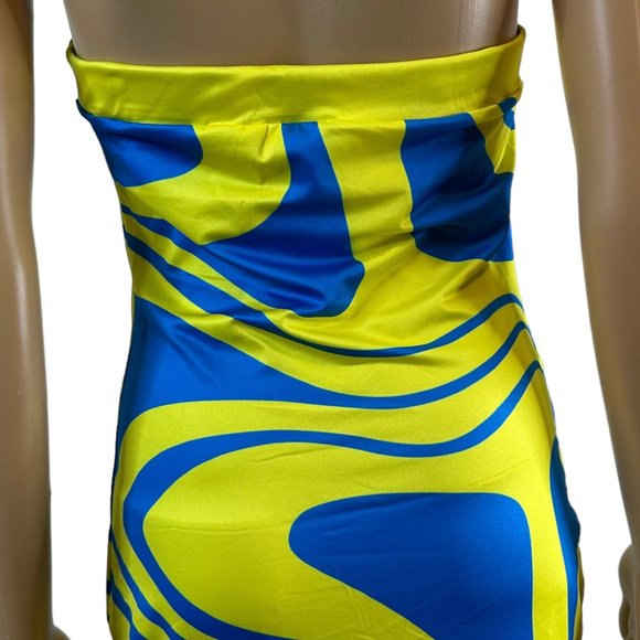 Women Bodycon Strapless Dress Large Yellow Blue Midi Stretch Backless - Picture 8 of 15